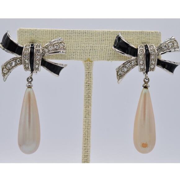 Givenchy Vintage Bow Clip On Earrings Black Pearl Rhinestone Enamel Signed BinAF - Picture 1 of 12